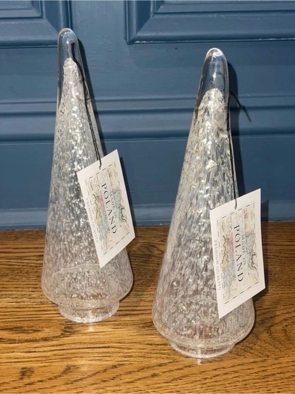 Set of 2 Gold Fleck Zorza Poland Hand Blown Art Glass Christmas Trees 8.5–9” New